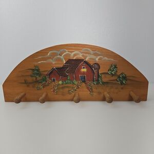 VTG Hand Painted Wooden Wall Peg Rack Farmhouse Barn Scene Country Cottage Decor